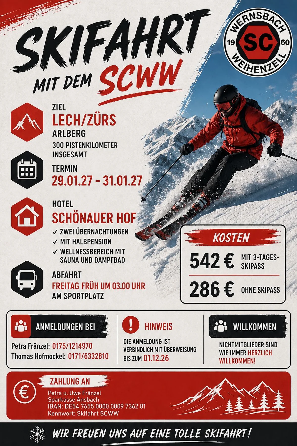 Skifahrt mit dem SCWW: Lech/Zürs, 29.–31.01.2027